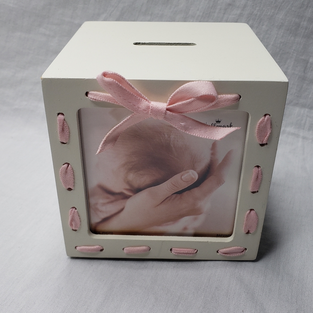 Hallmark New Baby Girl Picture Cube and Bank Pink Ribbon Christian Psalm Nursery